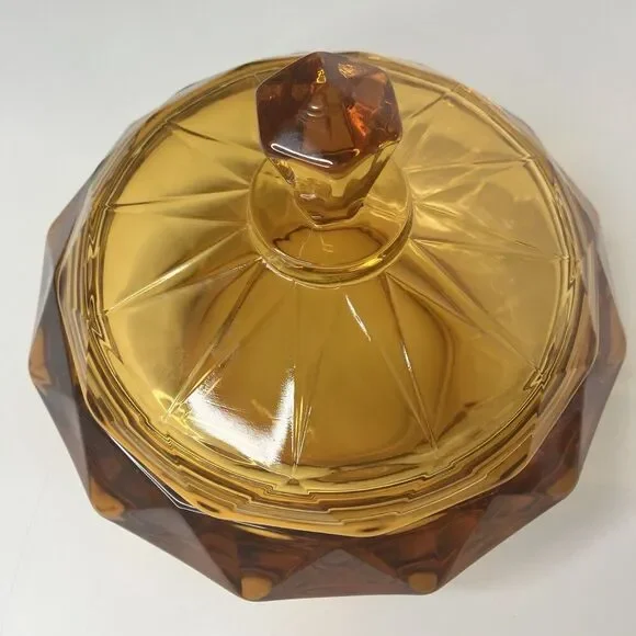 VTG Viking Amber Glass Covered Candy Dish Bowl Lid Diamond Point 7.5" - Picture 10 of 12